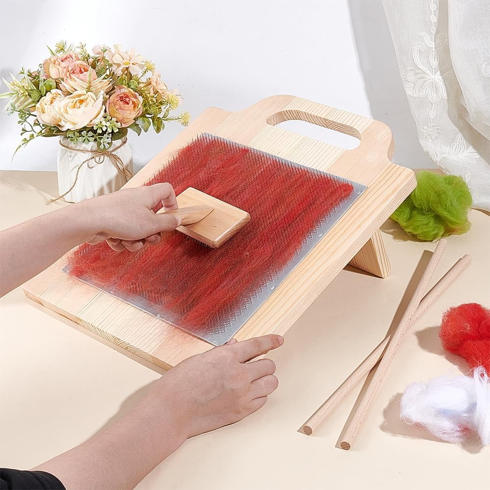 Wool Blending Board Carding Brush Set 14.2x12.5x6.2inch Fiber Blending Board with 1pcs Wool Brush 2pcs Wood Craft Sticks for Mix Colors Organize Wool Fibers