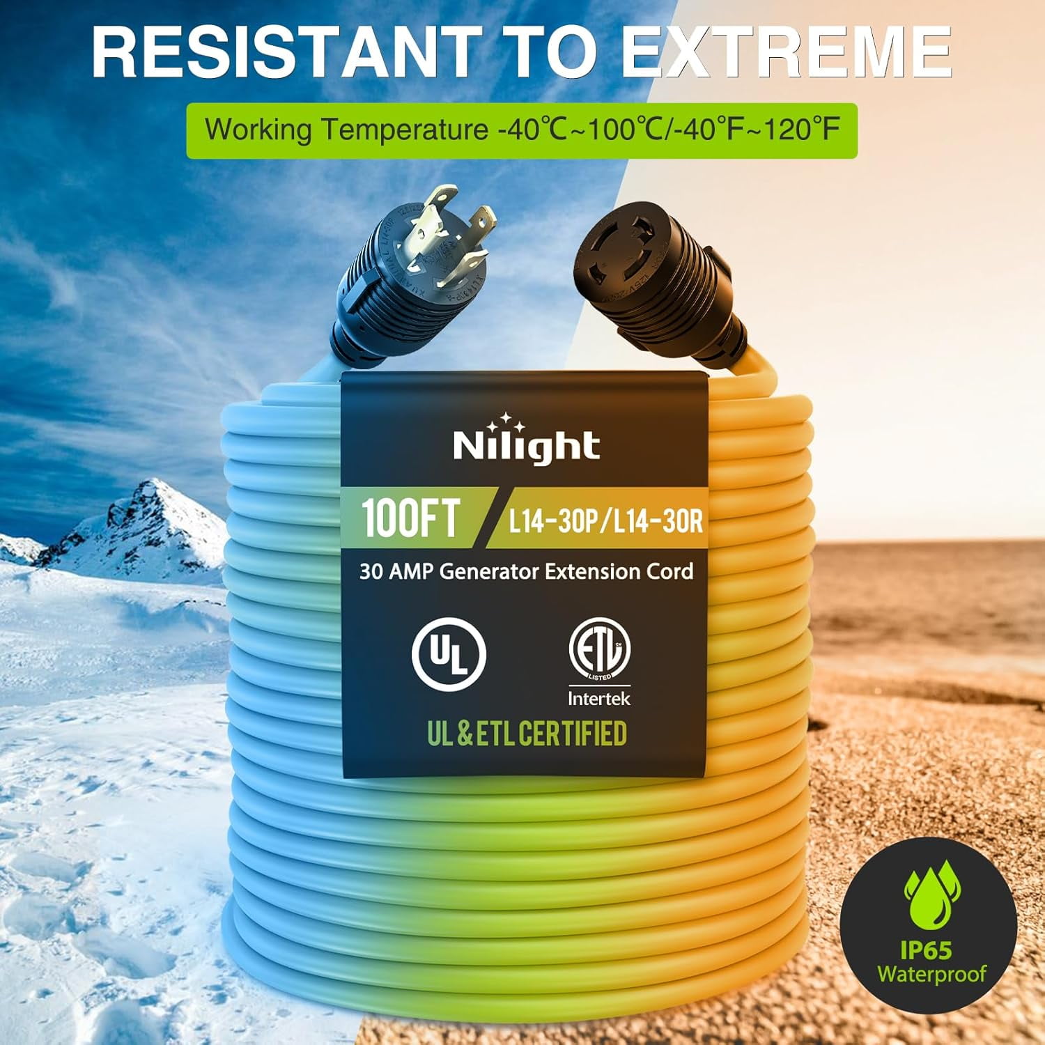 Nilight 100FT 30Amp Generator Extension Cord 125V Heavy Duty 10/3 Gauge Pure Copper STW Wire UL ETL Listed 4 Prong L14-30P L14-30R Weatherproof Suit for Camper Outdoor Use Bright Green