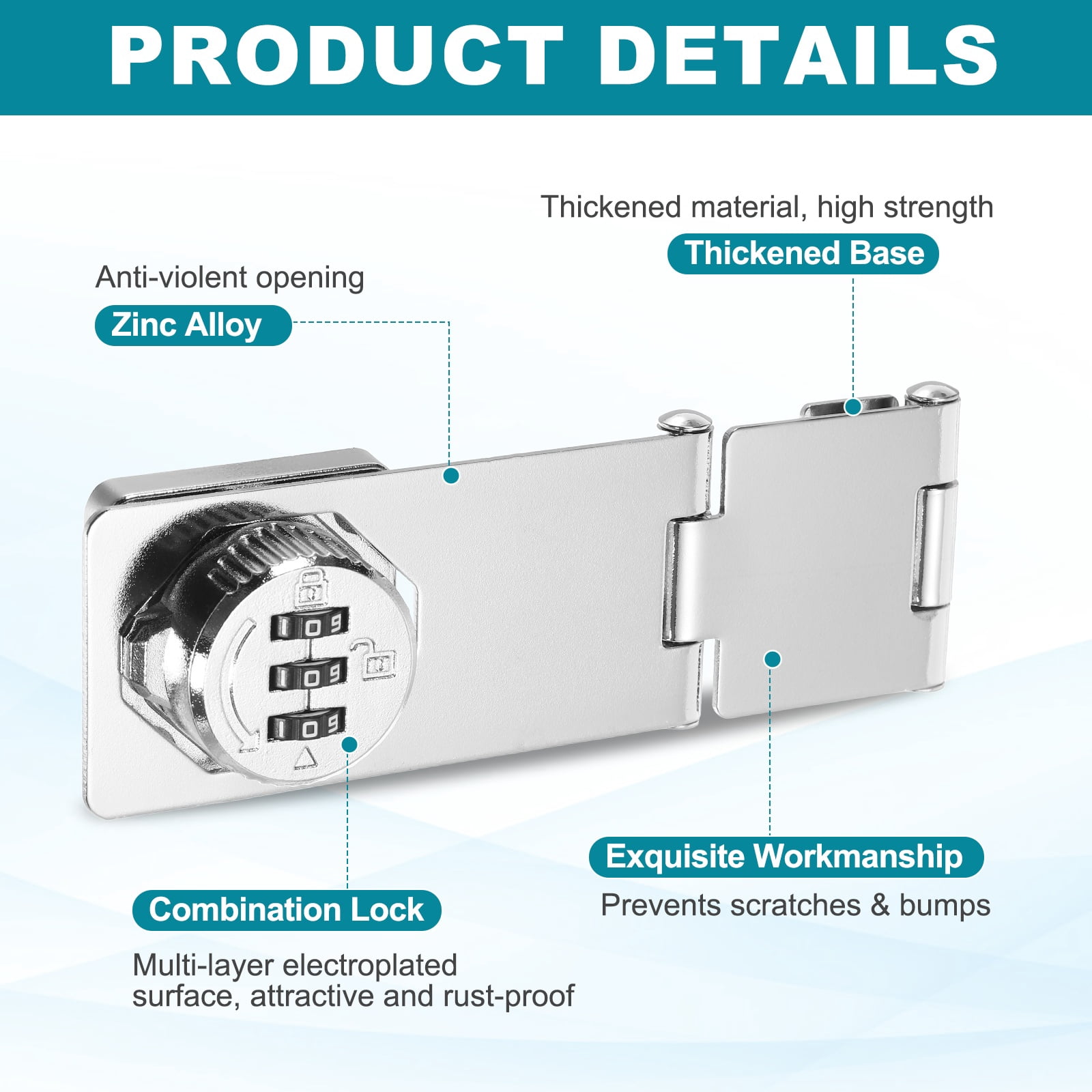 Uxcell Password Rotary Hasp Lock (Silver), Tri-fold Keyless 3-Digit Combination Security Slide Latch Cabinet Locks, Suit For- Door/Closet/Barn/Bathroom/Outdoor/Garden