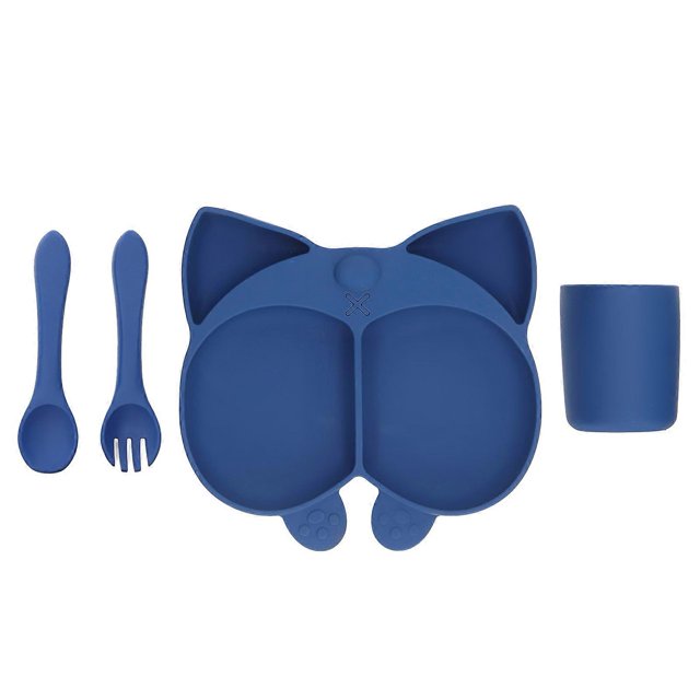 Baby Divided Dinner Plate Cartoon Shaped Soft Silicone Suction Eating Plate Set with Spoon Fork Cup Blue