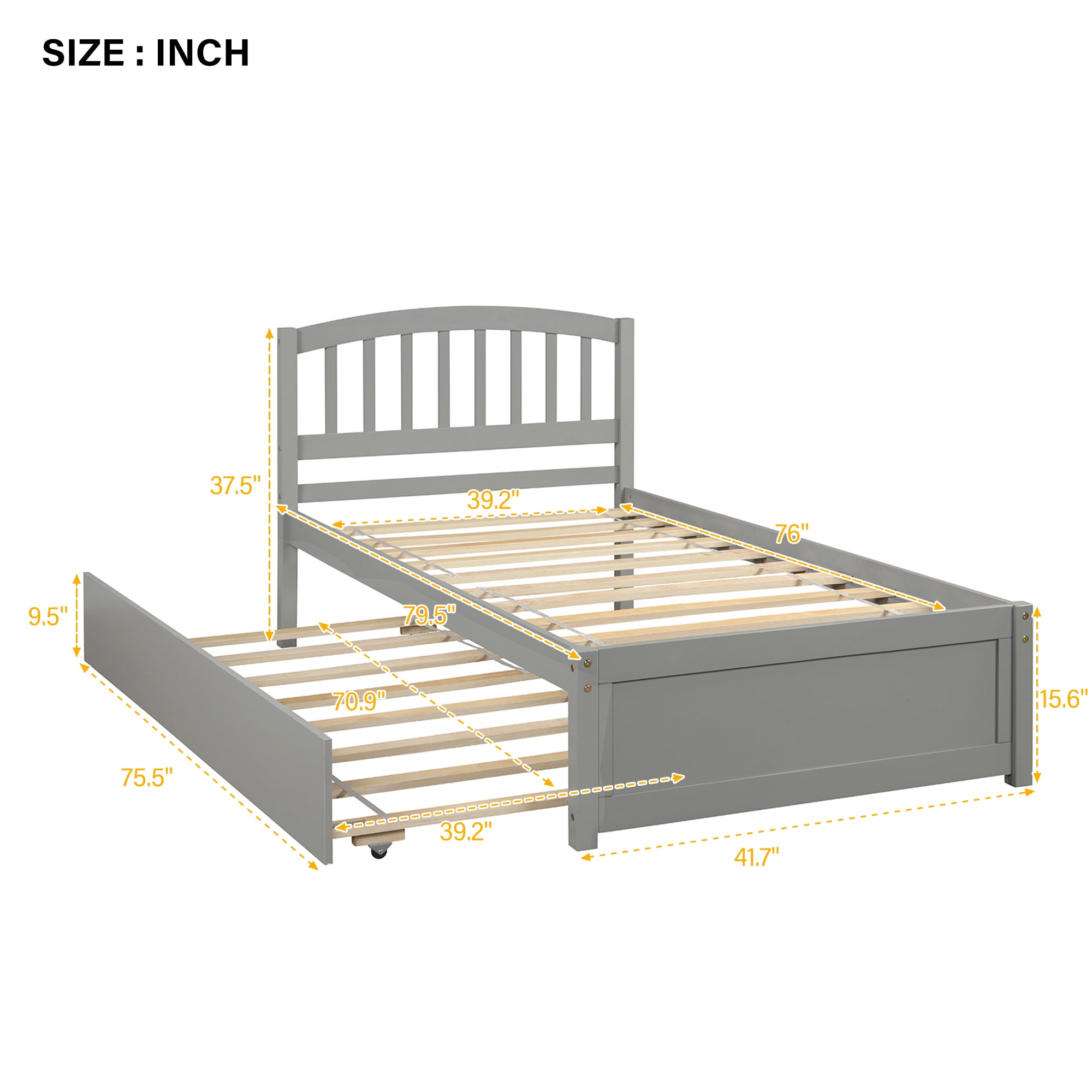 Holaki Twin Size Wood Bed with Trundle and Slatted Headboard for Kids, Gray