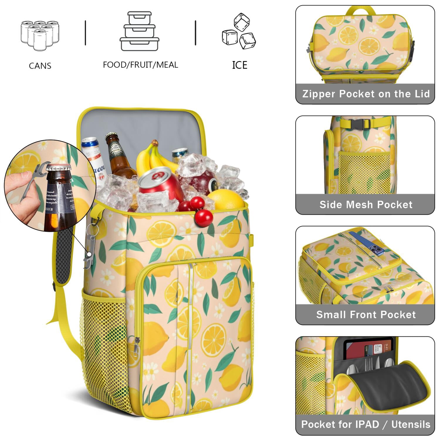 Travel Cooler Bag - Lemon Camping Beer Cooler Backpack with Bottle Opener- Waterproof Insulated Picnic Backpacks - Cooler Bag for Beach