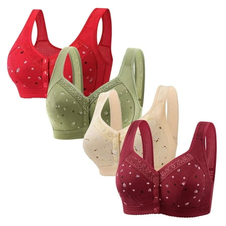 4PC Older Women Daisy Bras Breathable Front Close Button Cotton Bra Full Support Wide Back No Underwire Underwear Sport Bra for Women With Support Plus Size Bras for Women Push Up
