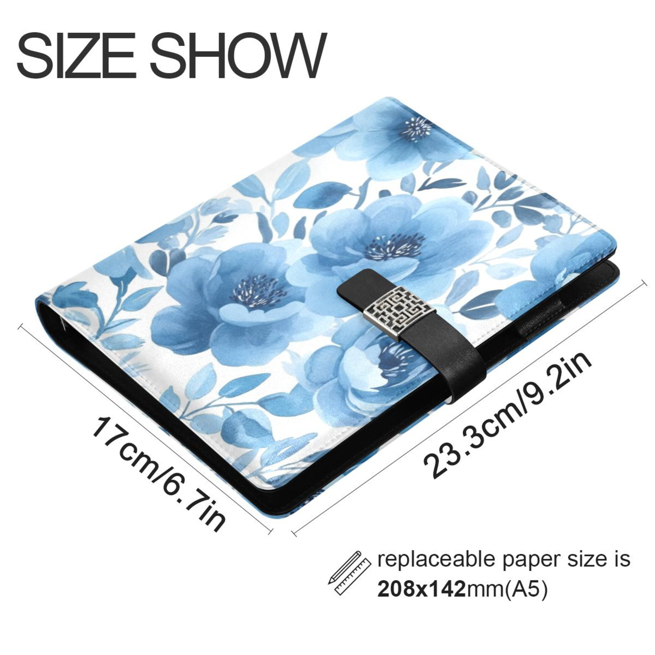 Leather Planner Leather Notebook Notebook Journal Binder Design Pen Pocket Design Convenient for Storage Cartoon Blue Flower