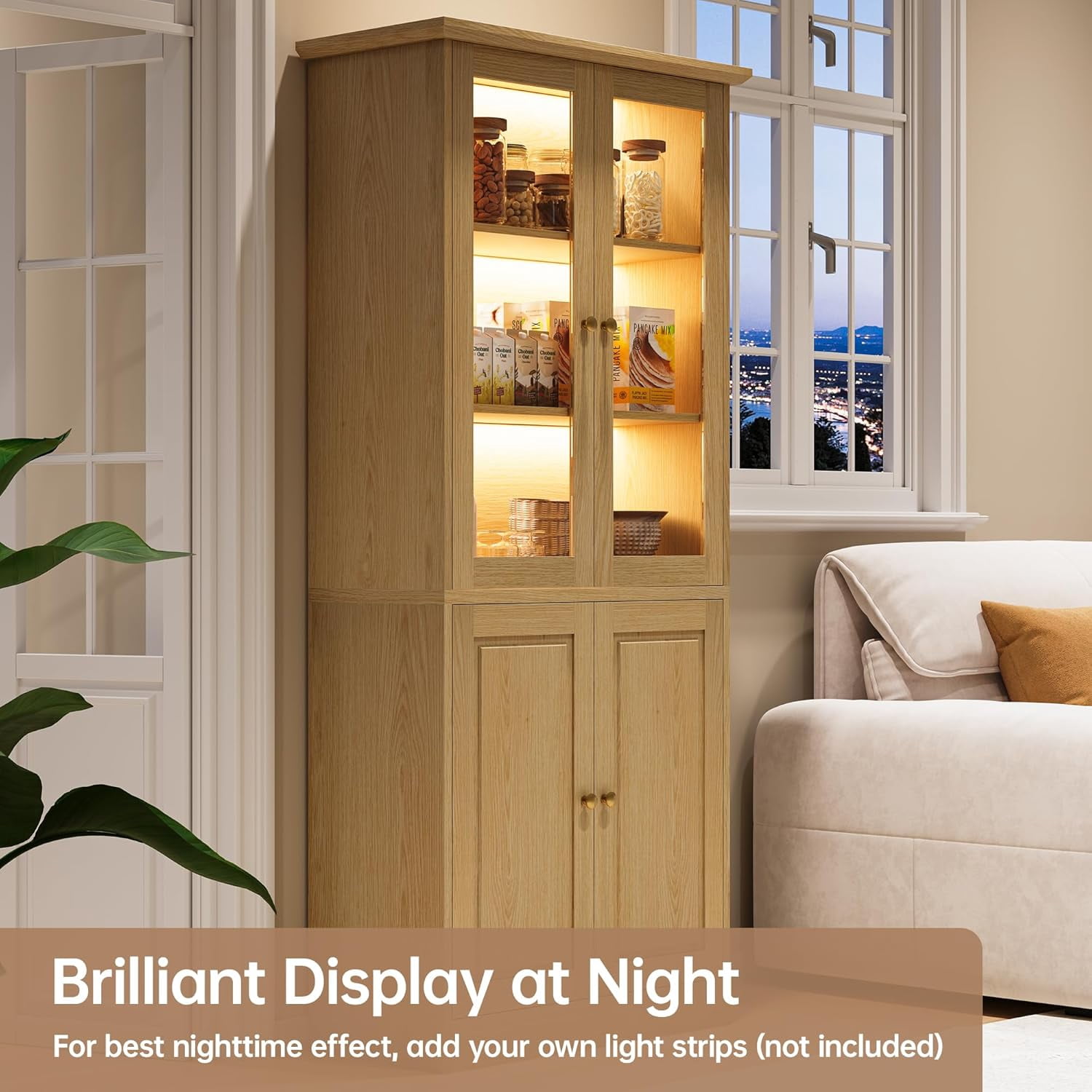 SELOOYE Kitchen Pantry Cabinet, 71" Modern Glass Display Cabinet with Wood Doors, Tall Storage Cabinet with Adjustable Shelves, Freestanding Cupboard for Living Room, Dining Room, Kitchen, Natural
