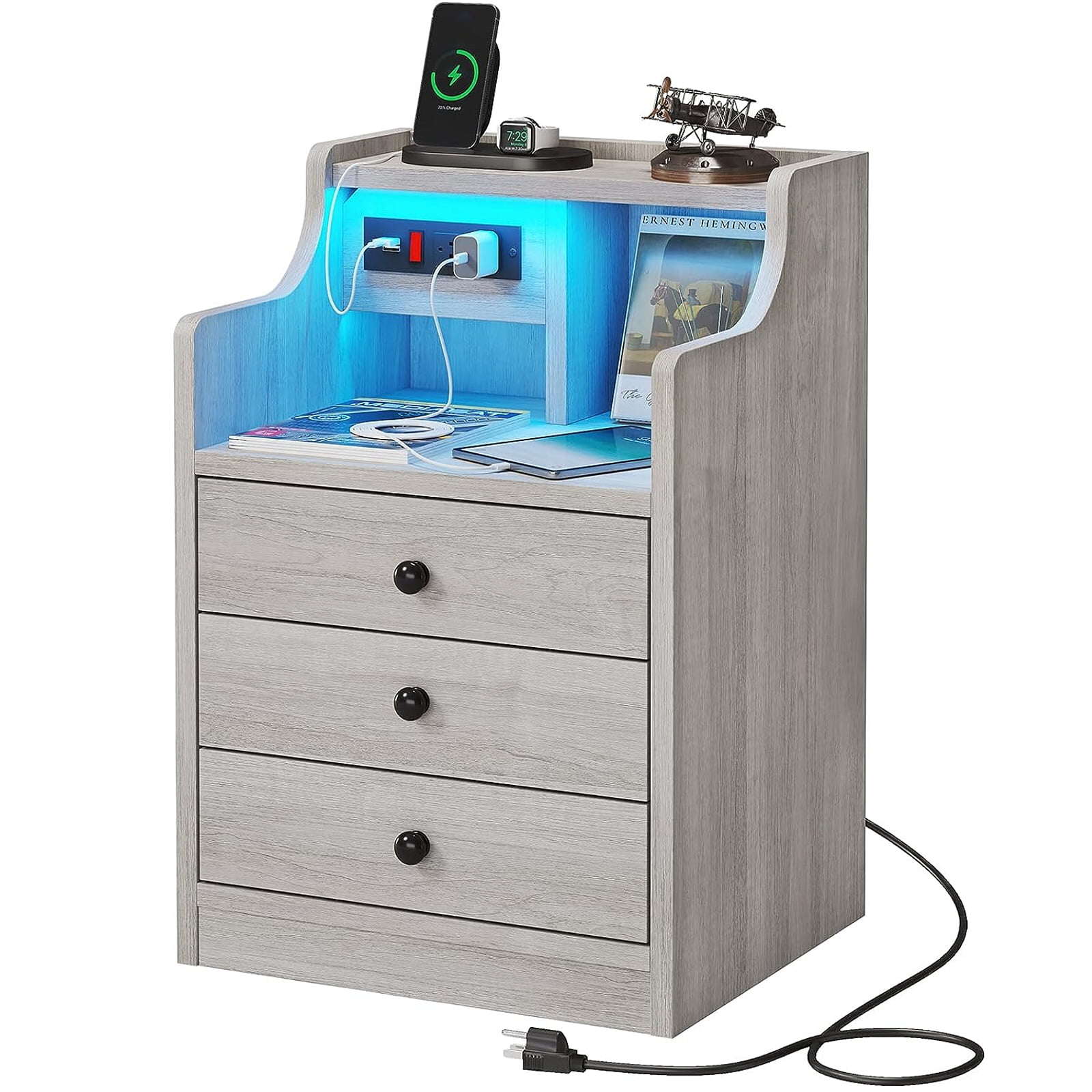 Night Stand with Charging Station and LED Ligts,LED Nightstand with 3 Drawers and Hutch,Bedside Table with Shelves,Grey