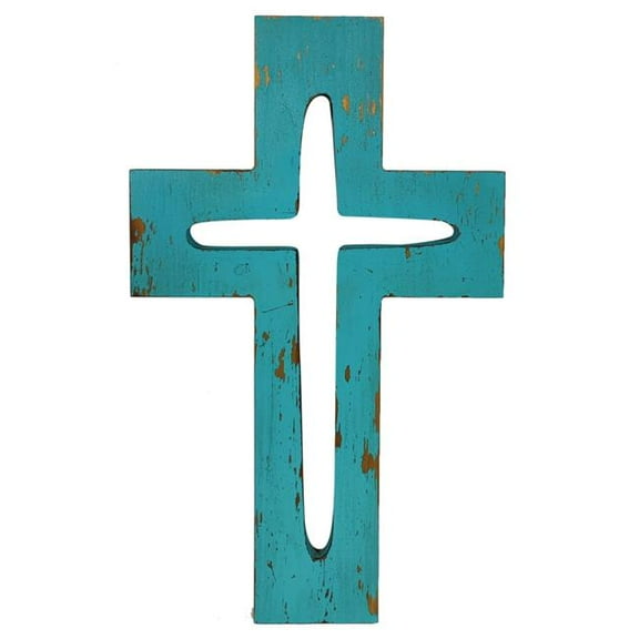 De Leon Collections 14548 Wooden Distressed Blue Turquoise Cross Hanging Wall Cross