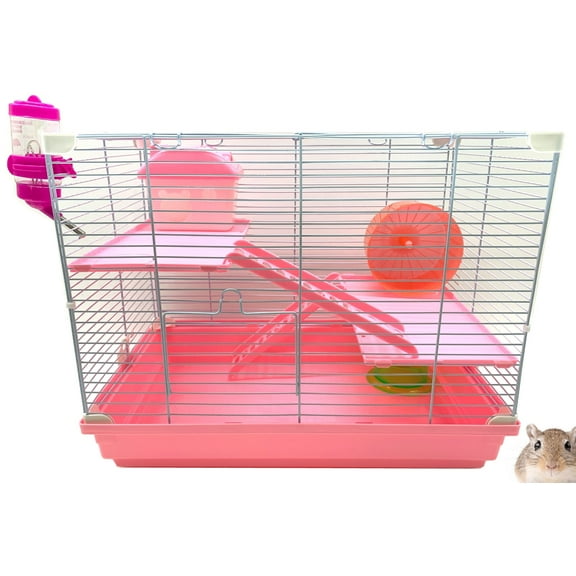 Pink 3-Tier Hamster Habitat Critters Home Mouse House Gerbil Cage Rodent Rat Mice with Full Set of Accessories