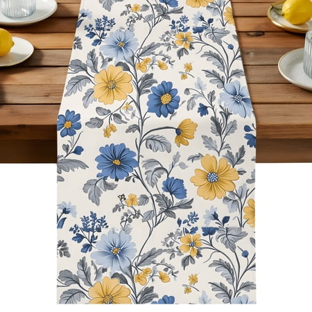 Yellow Blue Flower Table Runner Abstract Floral Cotton Linen Table Cloth Art Leaf Vintage Tablerunner for Kitchen Dining Party Wedding Home Decor 13x90 Inch
