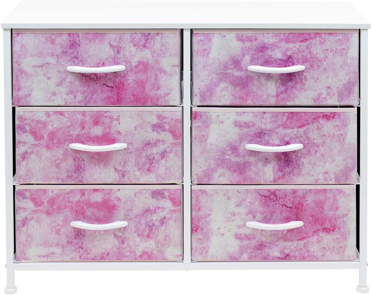Sorbus Dresser with 6 Drawers - Furniture Storage Chest Tower Unit for Bedroom, Hallway, Closet, Office Organization - Steel Frame, Wood Top, Tie-dye Fabric Bins (6-Drawer, Pink)