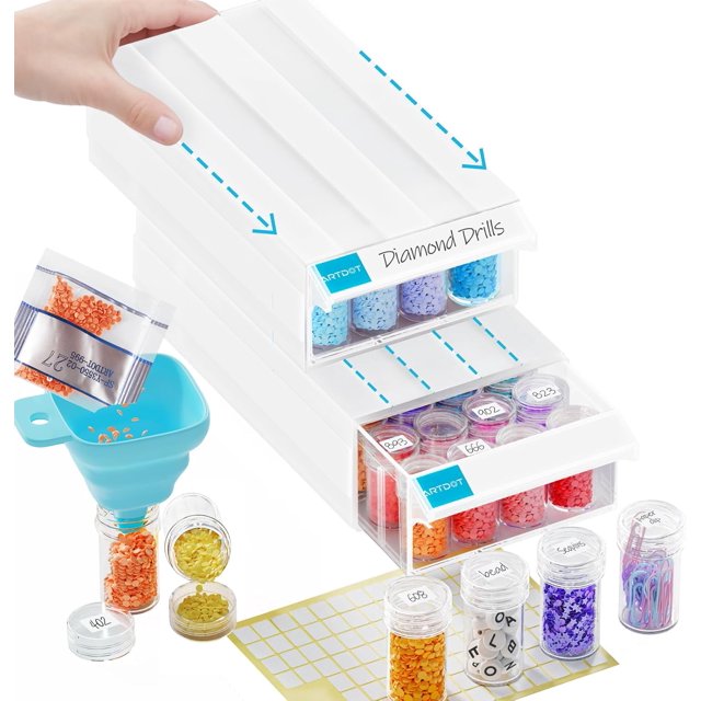 miduoduo-Storage Containers for Diamond Painting Accessories, 2 Packs Stackable Craft Storage Organizers 64 Slots Individual Containers for Diamond Art Beads Nail Pill Rhinestones Seed