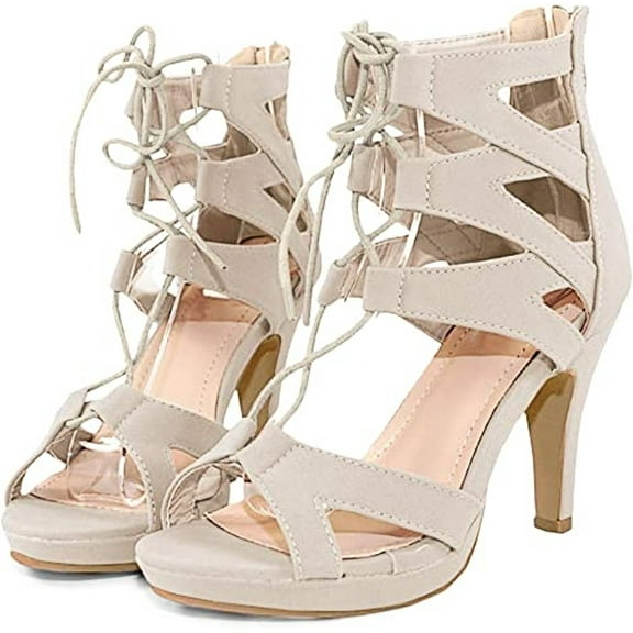 Top Moda Pebble-2 Women's Open Toe Lace Up Cut-Out Gladiator Nubuck Sandals BEIGE 10