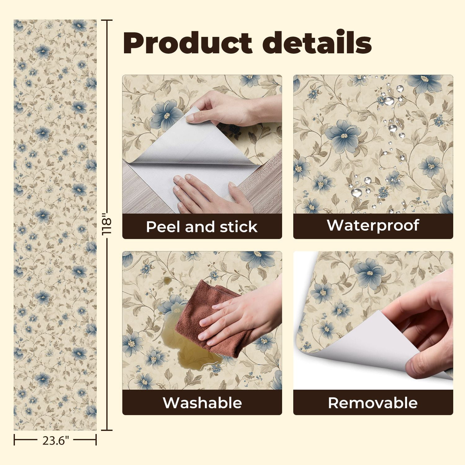 Peel and Stick Wallpaper 23.6in x 9.8ft Vintage Floral Soft Blue Beige Flowers Light Contact Paper Vinyl Waterproof Self Adhesive Wall Paper for Bedroom Shelf Cabinet Renter Friendly