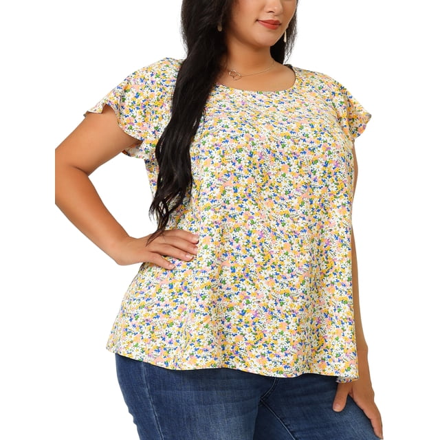 Women's Plus Size Blouse Daisy Floral Ruffle Sleeve Basic Top Pink 4X