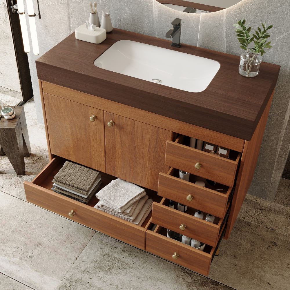 FFZ 36" Freestanding Bathroom Vanity with Faux Marble Top, Ceramic Sink, 5 Drawers & Stainless Steel Legs,4 Colors for Bathromm and Living Room