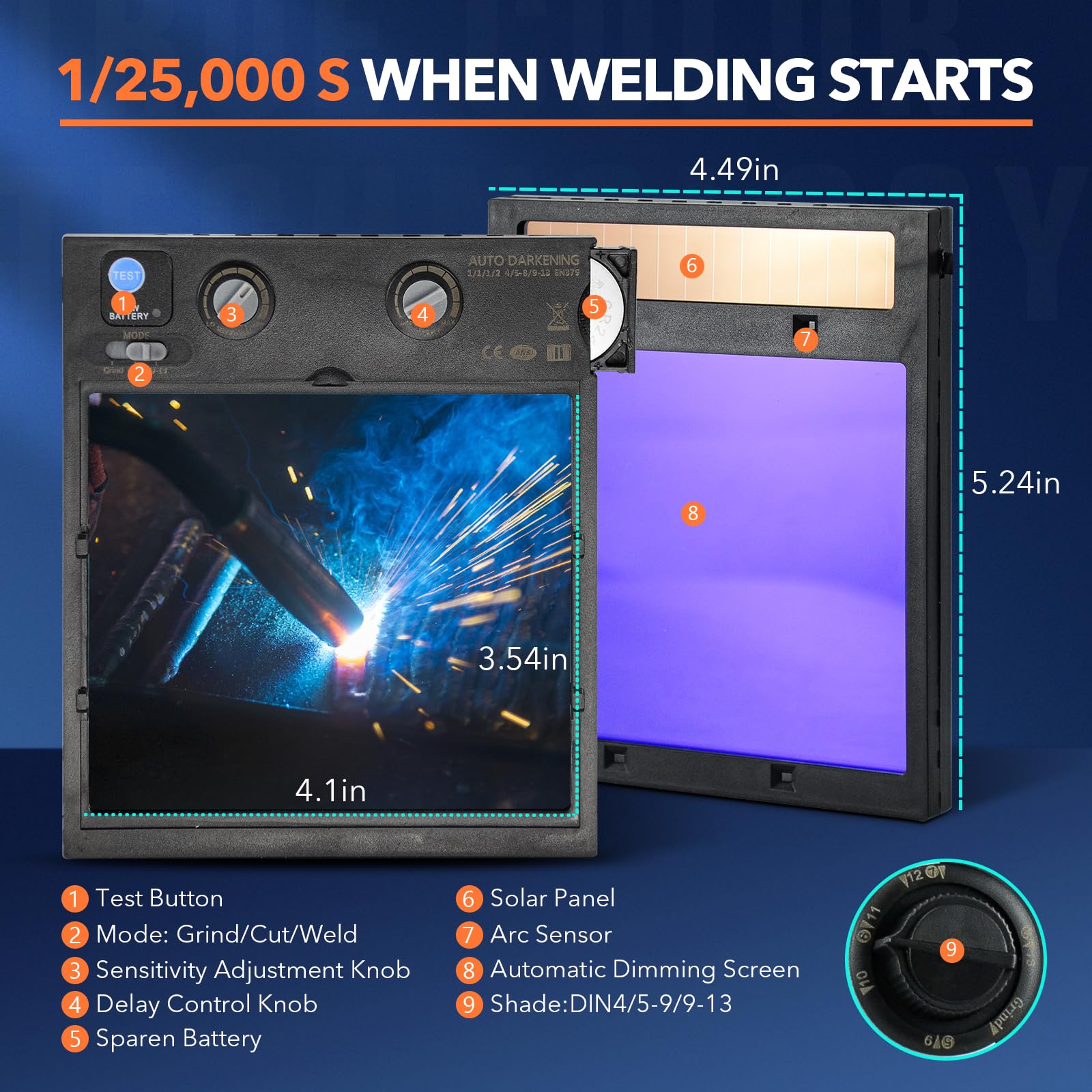 TRQWH Welding Lens Auto Darkening - Welding Helmet Lens True Color Technology with 4 Arc Sensor Ajustable Shade Range 4/5-13 Automatic LCD Lens Dimming Shade Filter 4.49x5.24in Auto Welding Lens