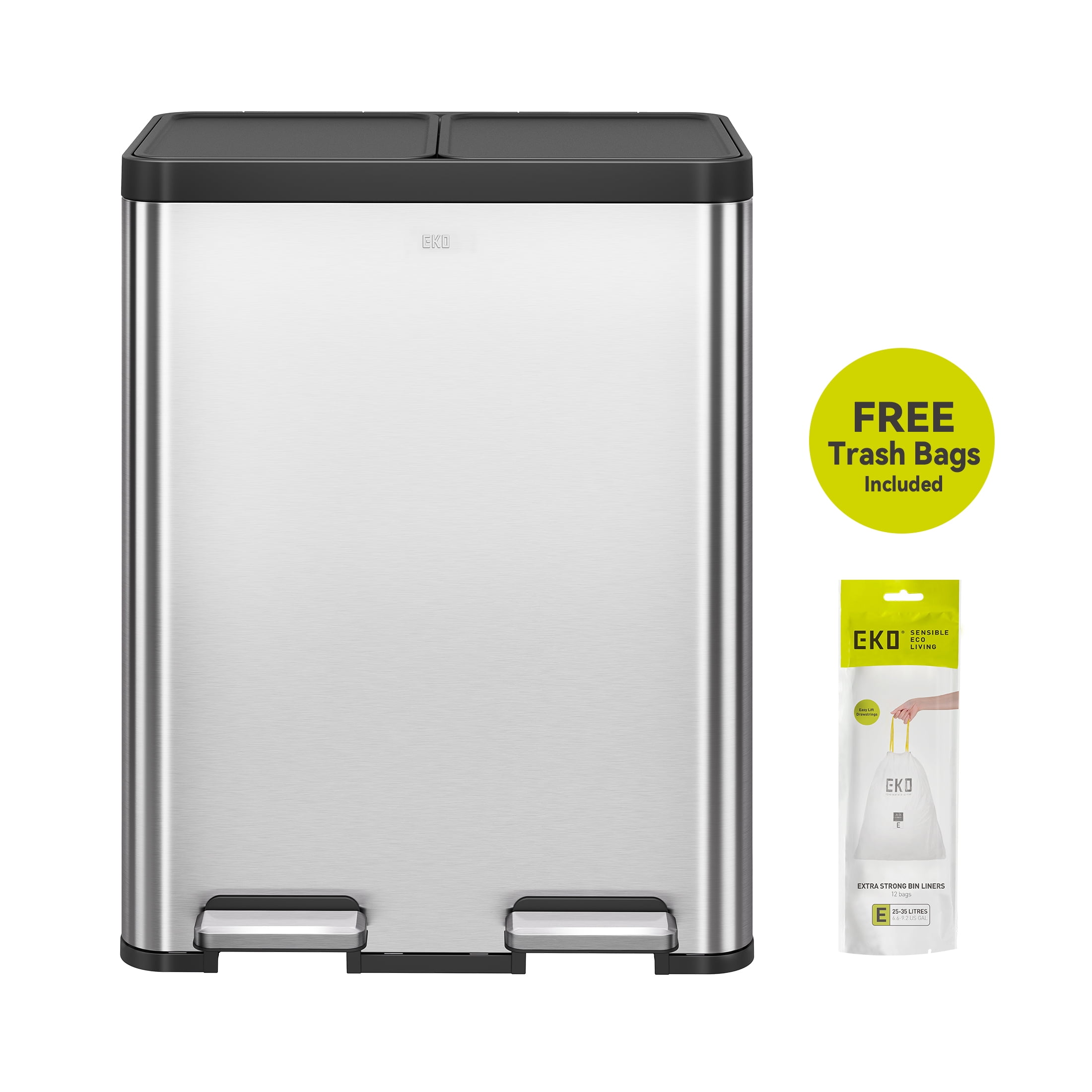 EKO Essential Kitchen Trash Can, 16 Gallon Stainless Steel Recycling Garbage Bin with Trash Bag