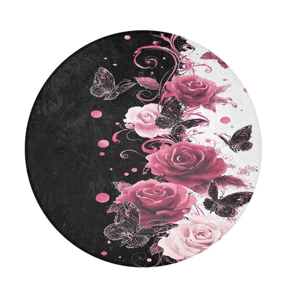 BZSMCE Rose Butfly Round Fluffy Area Rug 32.2in Non-Slip Circular Shaggy Rug