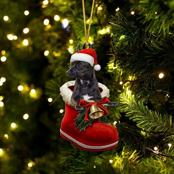 Acrylic 2D FLAT Black Chihuahua In Santa Boot Christmas Hanging Ornament