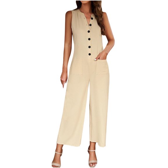 ZyeKqe Cotton Linen Jumpsuits for Women V Neck Sleeveless Button up Rompers Wide Leg Pants Jumpusuit