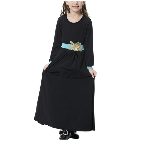 Zwiiyzr (8-17 Years) Kids Girls Muslim Dresses Long Sleeve Round Neck Color Block Dress Black