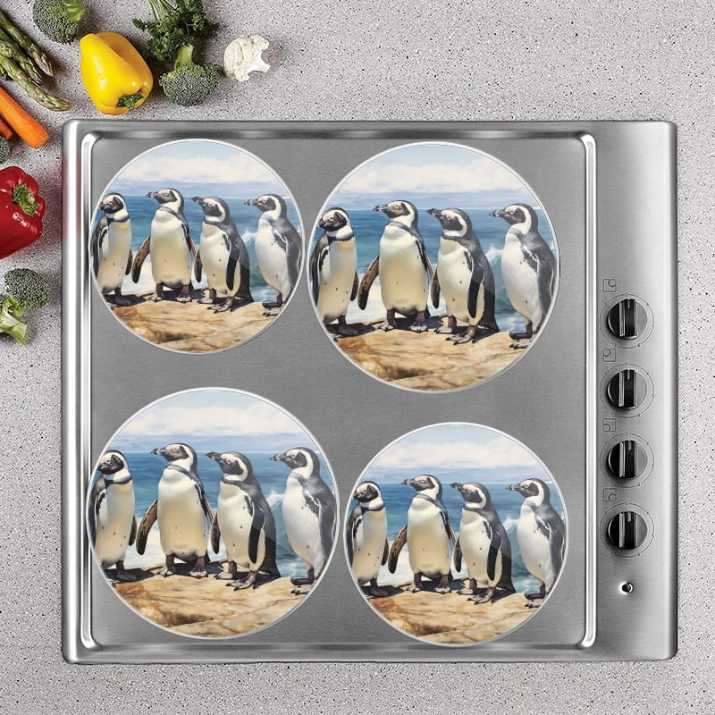 BaHomeck Electric Stove Burner Covers Set of 4,Round Metal Gas Stove Burner Covers 8 Inch and 10 Inch,Kitchen Decor,Four African Penguins Standing On The Edge Of Ocean Cliff