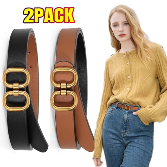 2 PACK Reversible Leather Belt for Women with Gold Buckle Ladies Leather Belt for Jeans Pants