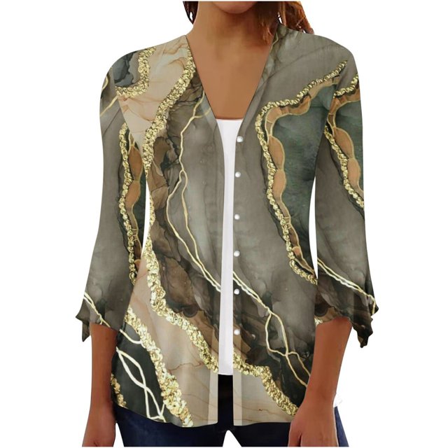 Femmes Cardigan 3/4 Manches Bouton vers le Bas Kimonos Légers Vêtements d'Automne Décontractés