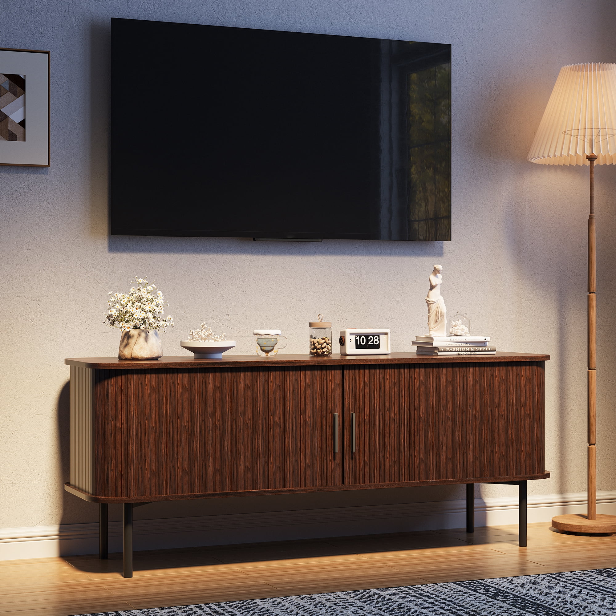 VEANERWOOD Fluted 55" TV Stand for TVs Up To 65", Console Table Credenza with Tambour Slatted Sliding Doors and Storage Shelves, Wood Entertainment Cente