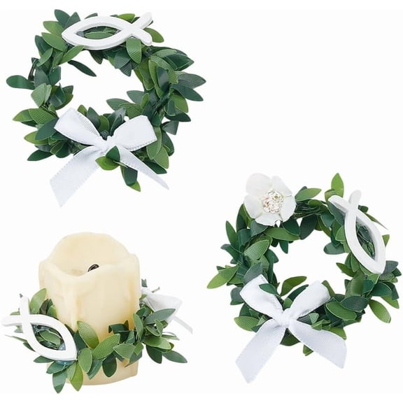 2Pcs Candle Rings Artificial Leaf Candle Rings Candle Leaves Wreath Candle Drip Protectors for Pillars Boho Wreath Pillar Candleholders for Wedding Party Table Decoration Sea Green 1set