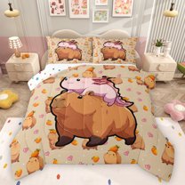 Homewish Cute Capibara Axolotl Queen Comforter Set for Teen, Kawaii Animal Bedding Sets, Cartoon Love Heart Reversible Bedding Comforter Set, Super Cozy Room Decor, 3-Piece