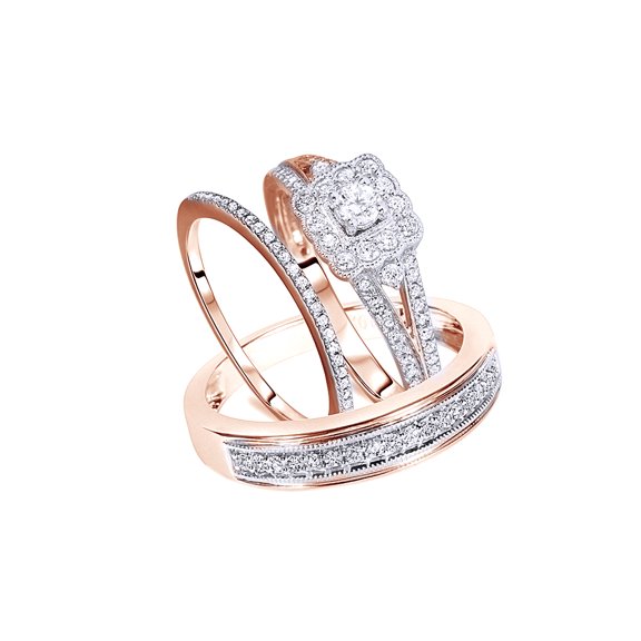 White Natural Diamond Engagement &amp; Wedding Trio Band Ring Set In 10k Rose Gold (0.75 Cttw)