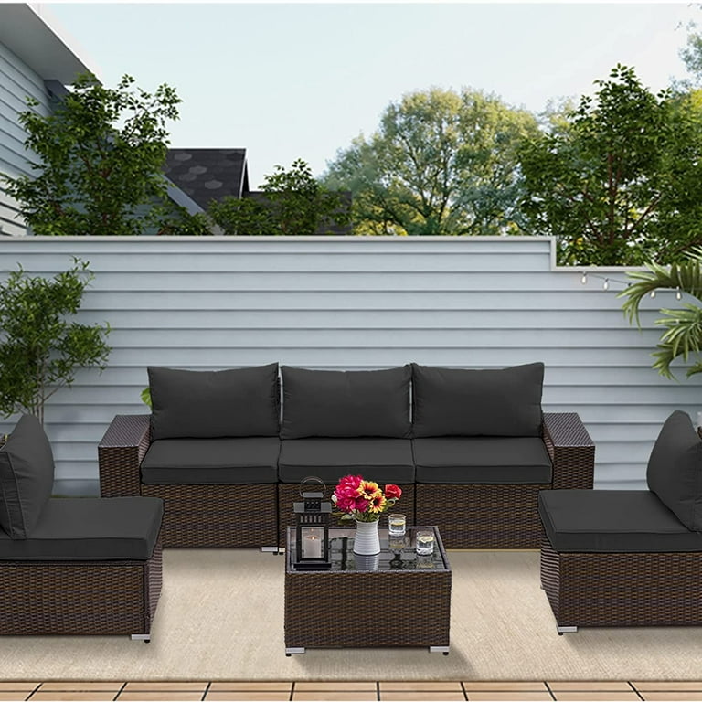 Gotland 6 Pieces Patio Conversation Set Outdoor Sectional Sofa Set PE Rattan Sectional sofa Set black