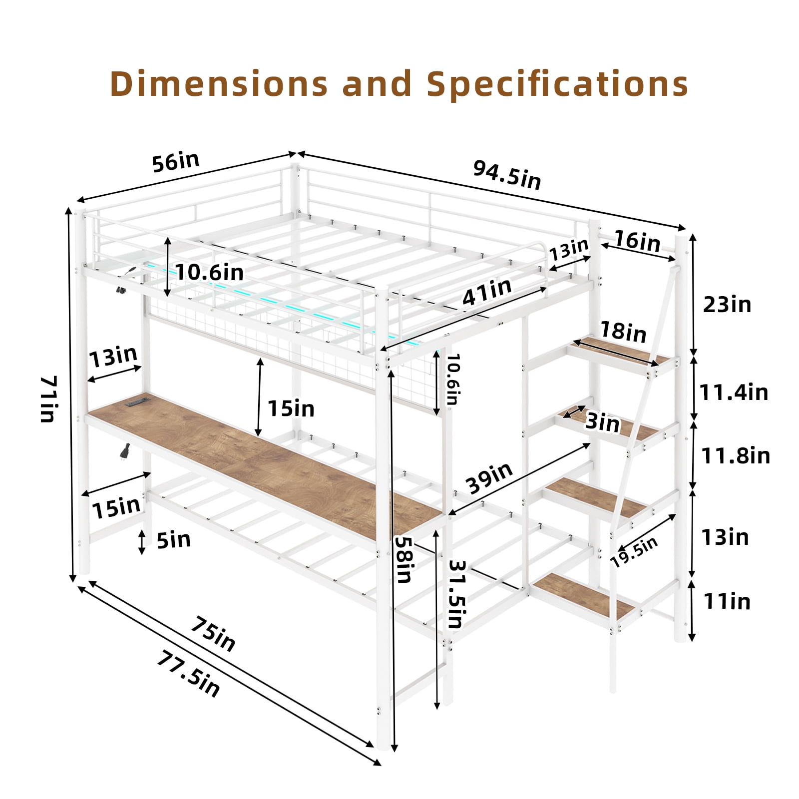 Leumius Twin over Full Size Metal Bunk Bed with Built-In Desk & LED Lighting,Heavy Duty Metal Bunk Beds Frame with Ladder for Bedrooms,Dorms,White
