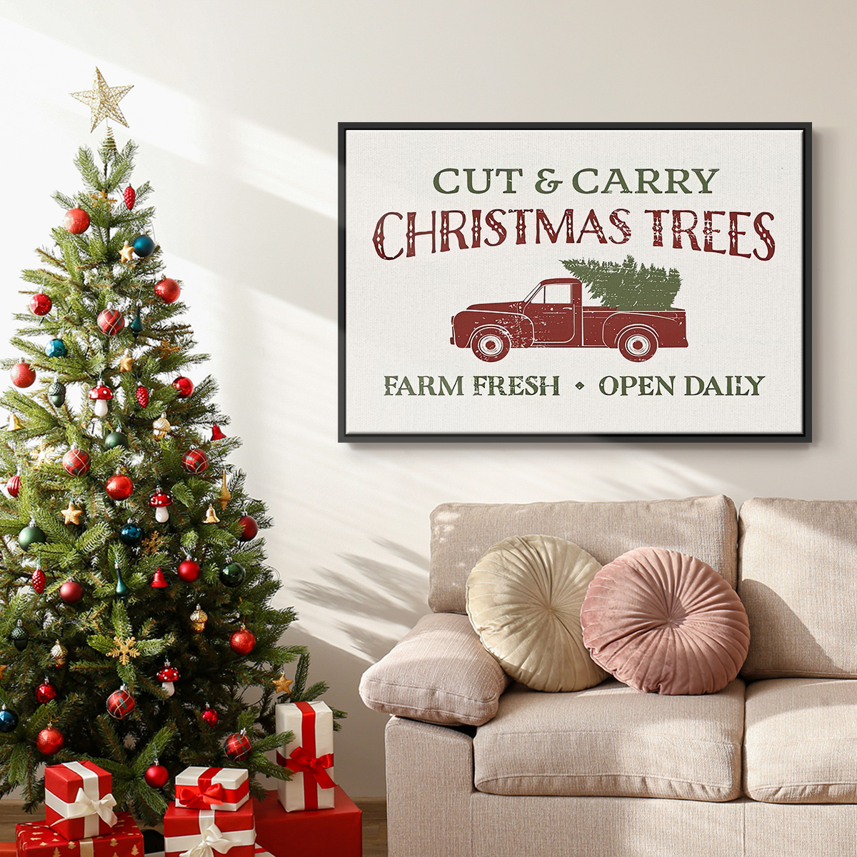 Christmas Farm Sign II - Framed Gallery Wrapped Holiday Canvas - 17 x 25 - Black Frame