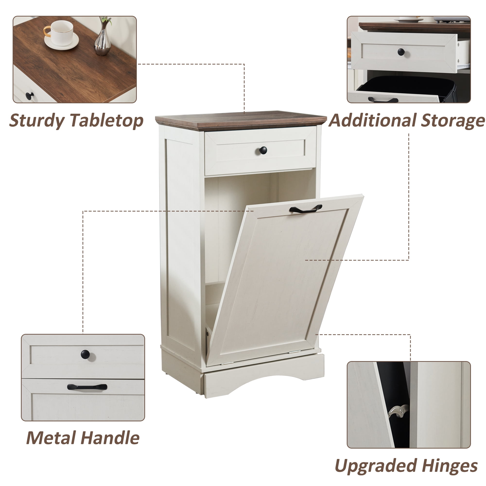 HARIPUL 13 Gallon Tilt Out Trash Cabinet for Kitchen, Single Kitchen Trash Can Cabinet with Drawers, White