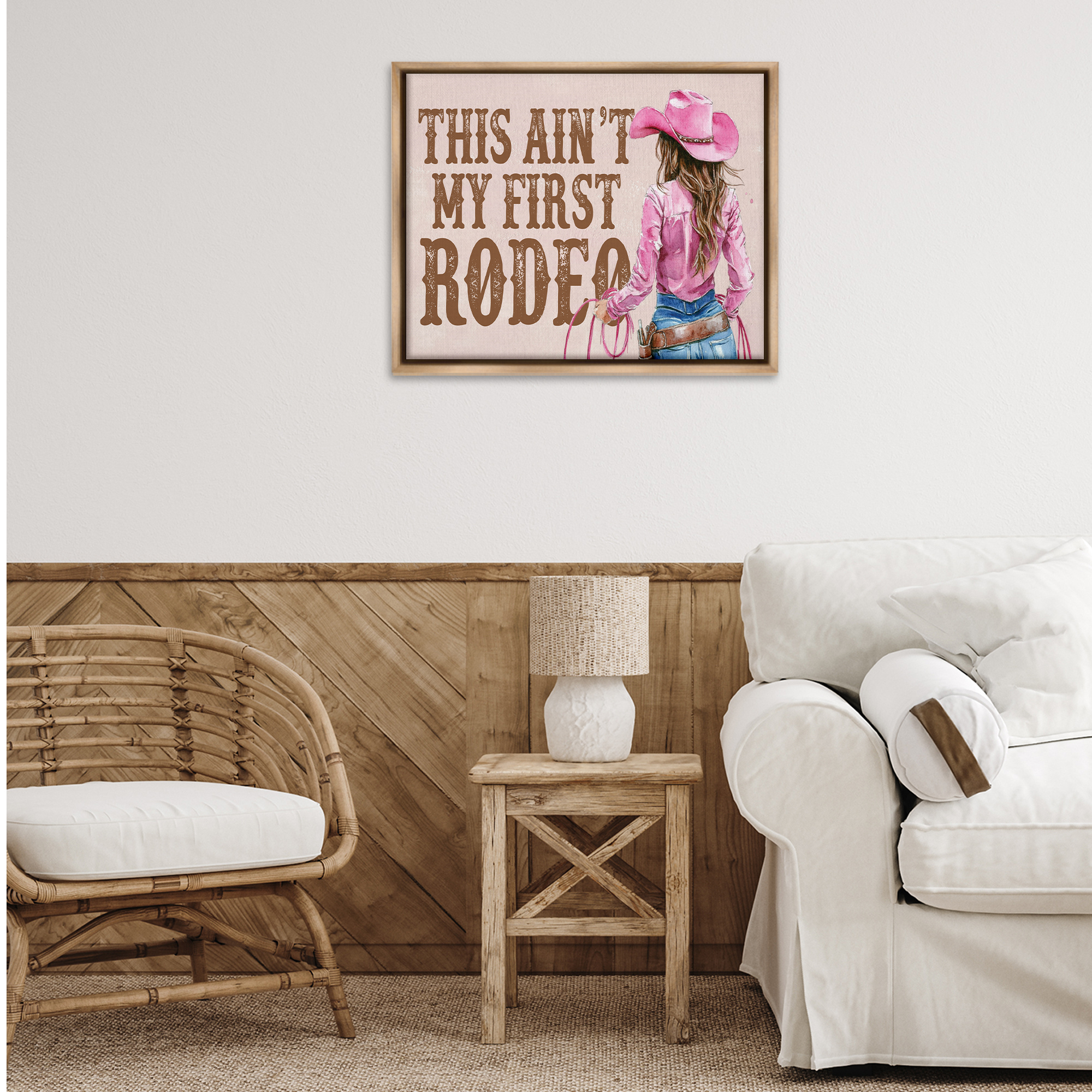 Stupell Industries Ain't My First Rodeo Girl People Painting Brown Floater Framed Canvas Art Print Wall Art, 31 x 25