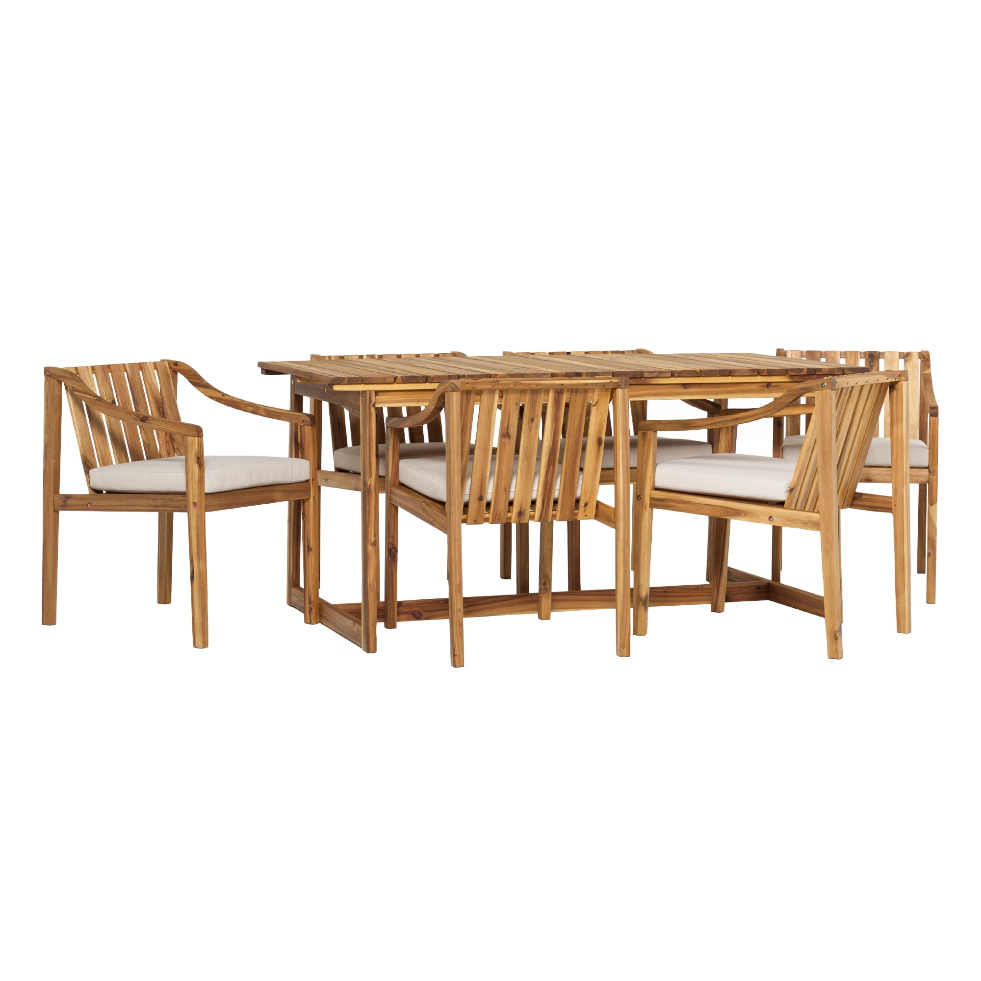 Walker Edison Modern 7-Piece Slatted Outdoor Dining Set, Natural