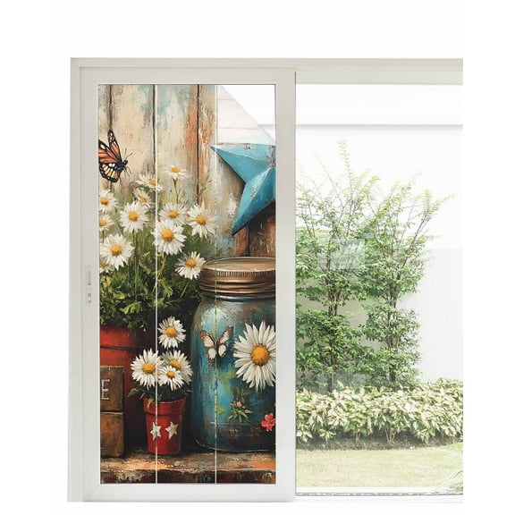 Window Privacy Film Retro Flower Stained Glass Window Film Decorative Sun Block Window Cover Red Blue West Texas Star Rustic Butterfly Window Clings Static Adhesive Sticker for Bathroom 35.4"x78.7"