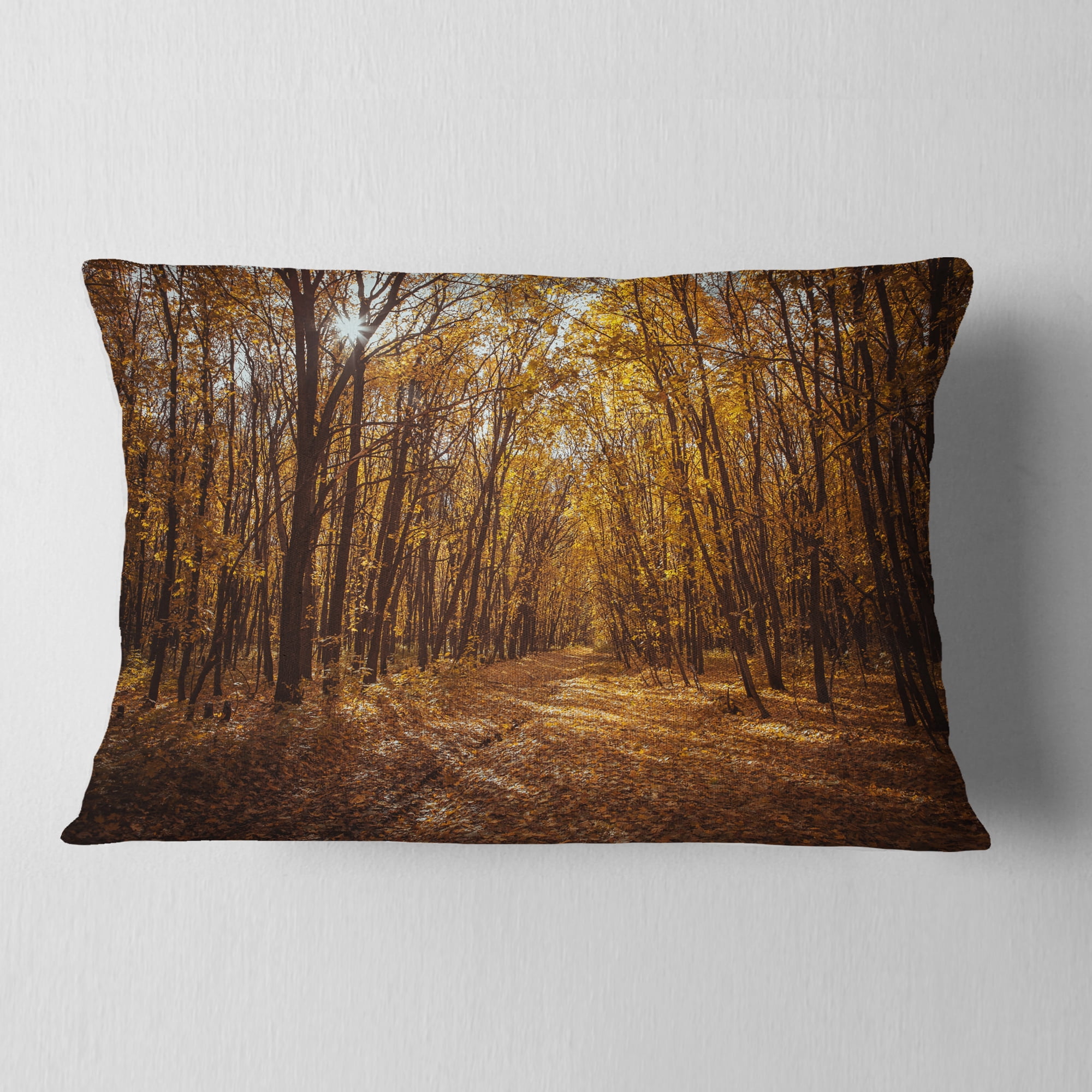 Designart Sunset in Yellow Autumn Forest - Modern Forest Throw Pillow - 12x20