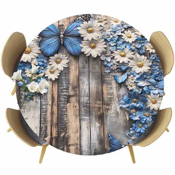 Blue White Daisy Round Tablecloth 36-44 Inch Round Fitted Table Cloth with Elastic Edge, Vintage Pastoral Butterfly Rustic Wood Waterproof Table Cover Protector for Outdoor Picnic Party Dining