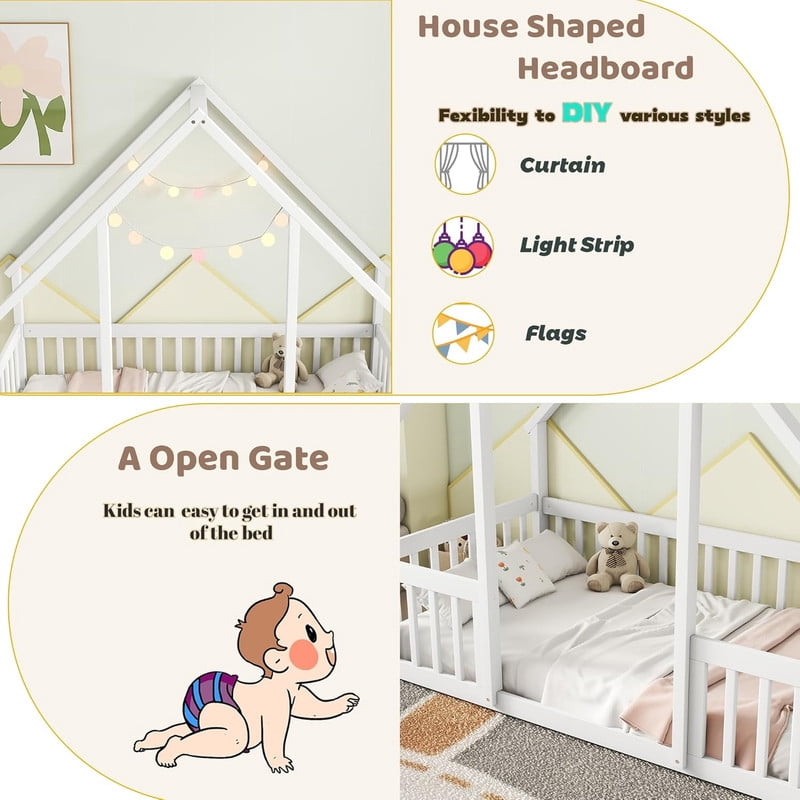 Duxelifin Twin Size House Floor Bed Frame with Triangular Roof and Fence Rails, Wooden Floor Bed Frame Girls,Boys, Montessori Floor Bed, Easy Assembly（White）