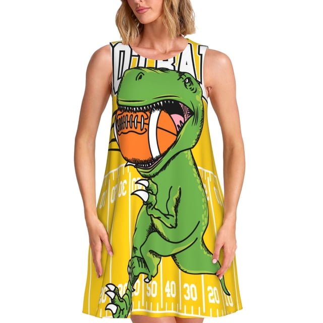 Cauagu T-Rex Football pour Femmes Robes d'Été, Robes Sans Manches Décontractées de Vacances Robe Col Rond avec 2 Poches