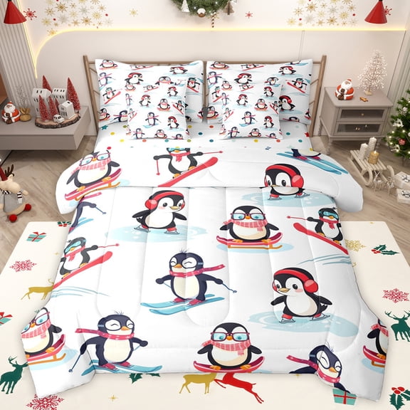 Homewish Kawaii Antarctic Penguin Twin Bedding Sets 7-Piece, Cartoon Winter Animal Bedding Comforter Set, Teens Kids Boys Girls Reversible Sheet Sets, Luxury Bedroom Decor