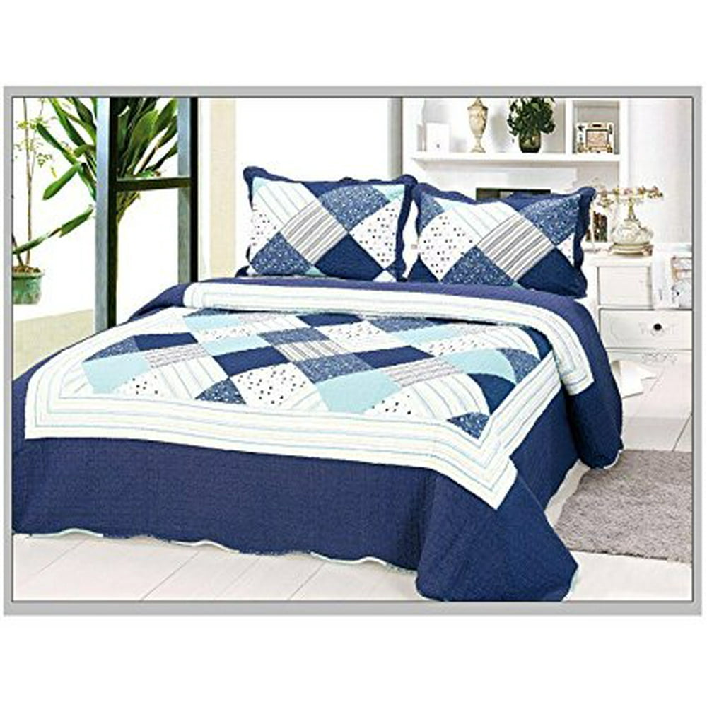 3 Piece 100% Cotton Quilt Set Printed Quilted Bedspread Queen Blue 9351 ...