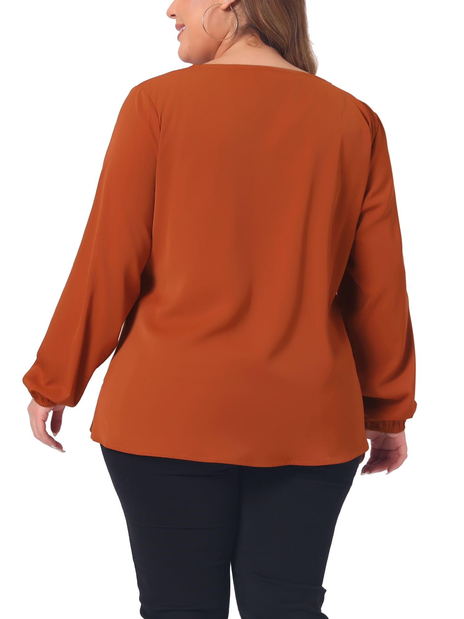 Unique Bargains Women's Plus Size Long Sleeve V Neck Chiffon Pleated Front Tops 3X Caramel