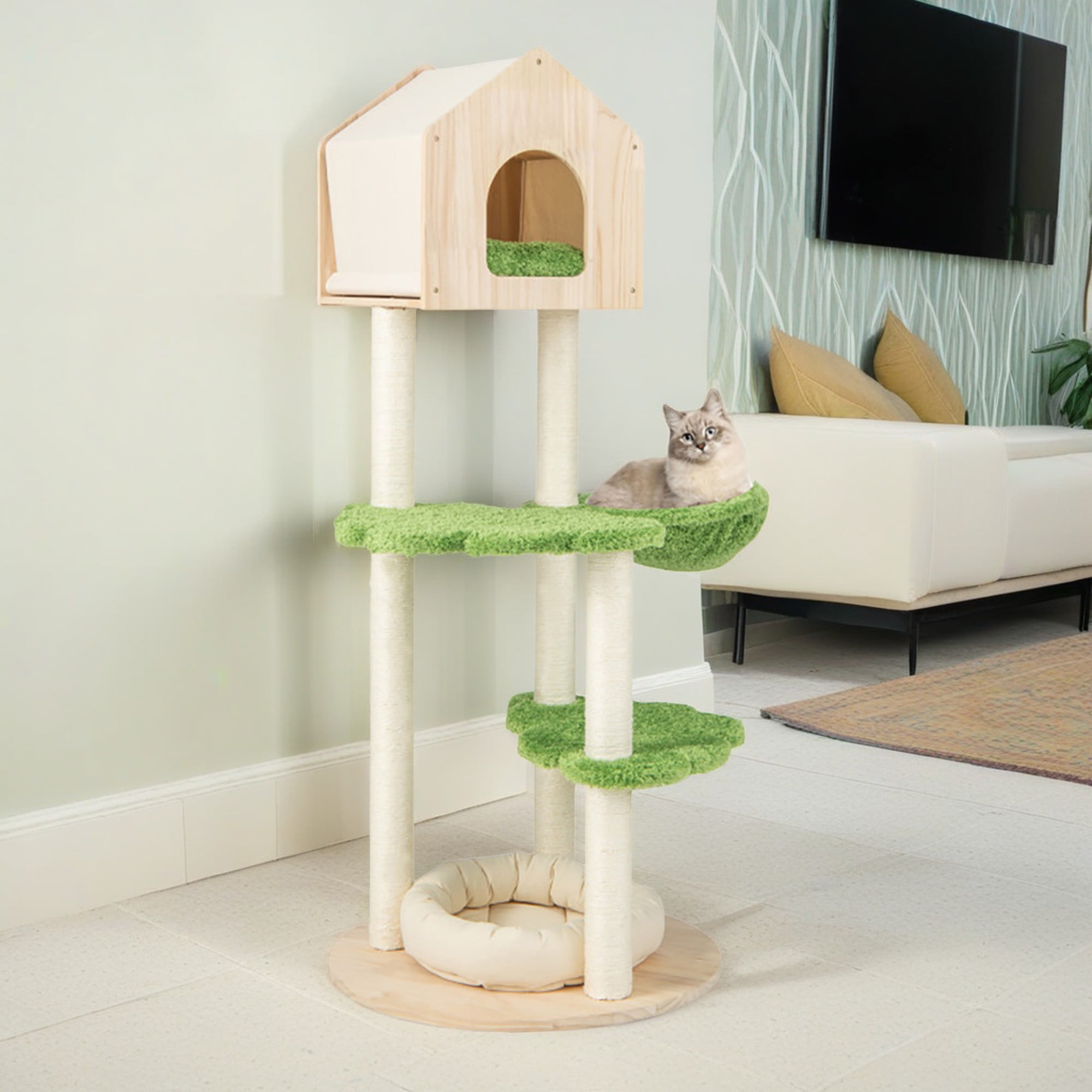 Kadyn 55" Modern Cat Tree Tower for Indoor Cats, Multi-Level Cat Condo with Scratching Posts and Soft Cat Bed, Cat Tree House Furniture, Beige