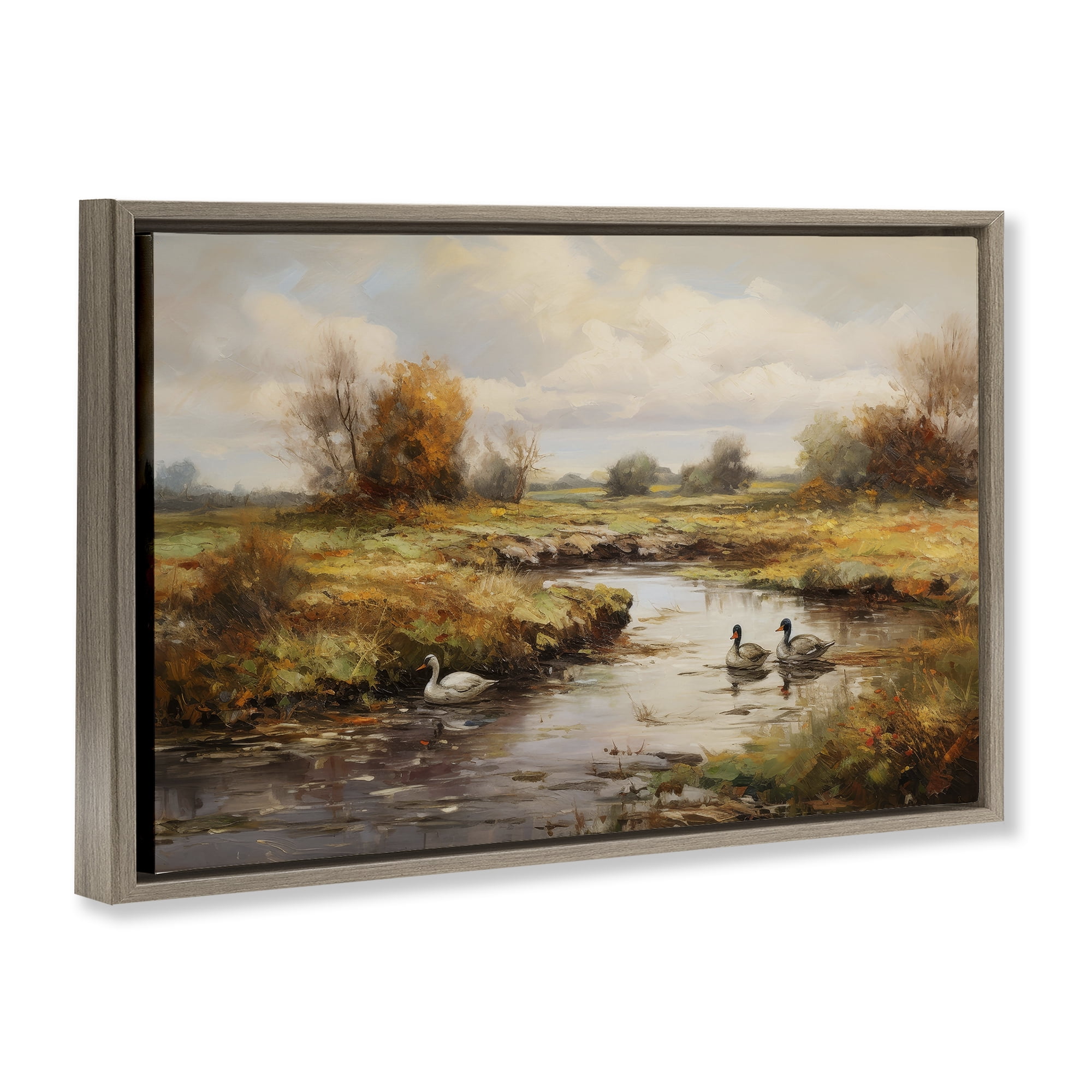 Stupell Industries Ducky Days Landscape Landscape & Nature Painting Brown Floater Framed Canvas Art Print Wall Art, 31 x 21