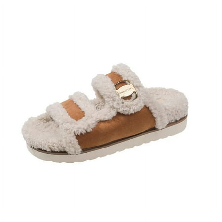 

Plush Slippers for Women Winter Fur Slippers Outdoor Fluffy Slides Mules Flip Flops Fashion Warm Comfort Casual Flat Slipper (brown 35)
