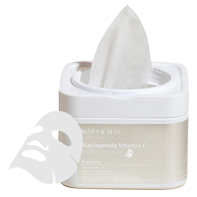 Mascarilla facial Mary&May, niacinamida y vitamina C, iluminadora, 30 hojas